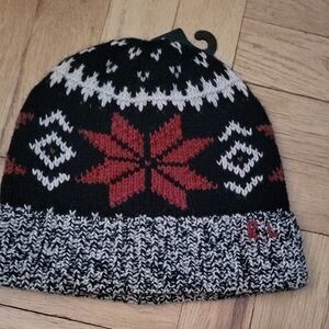 Black Knit Beanie with Red Snowflake Pattern